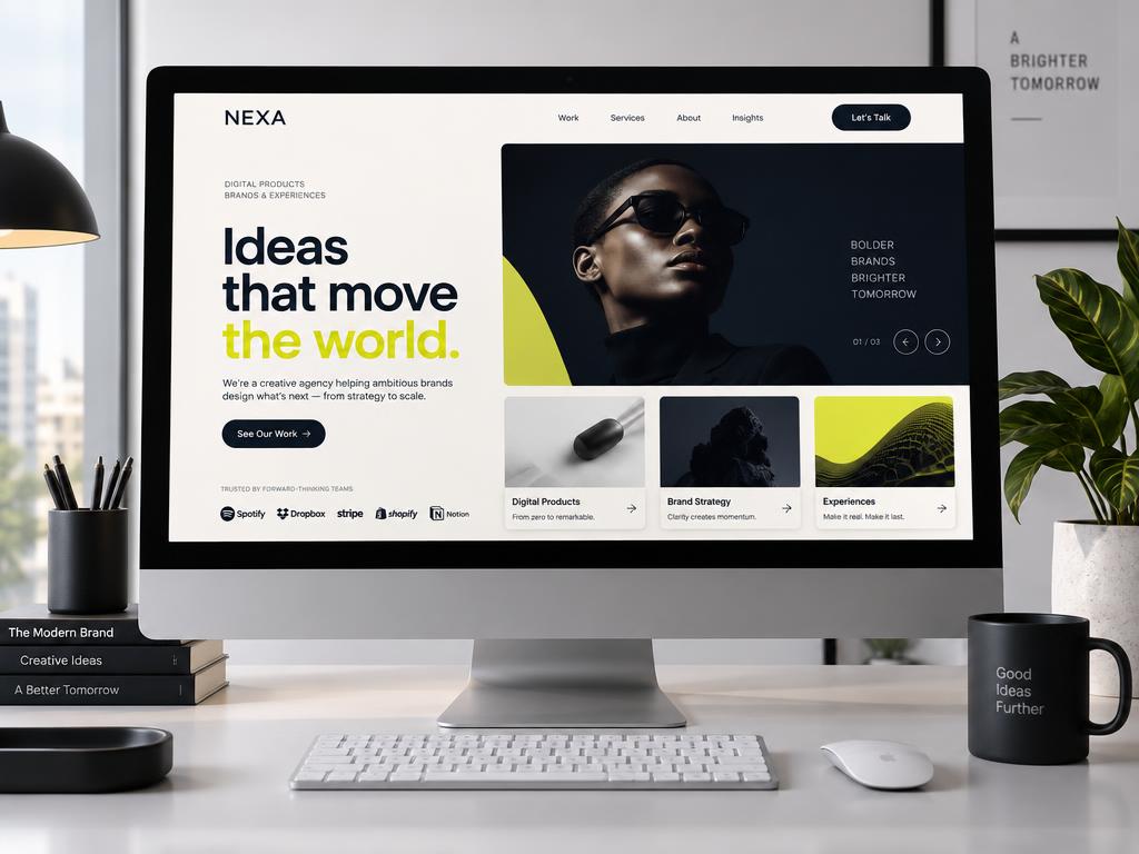 Web de diseño moderno mostrada en un ordenador de escritorio