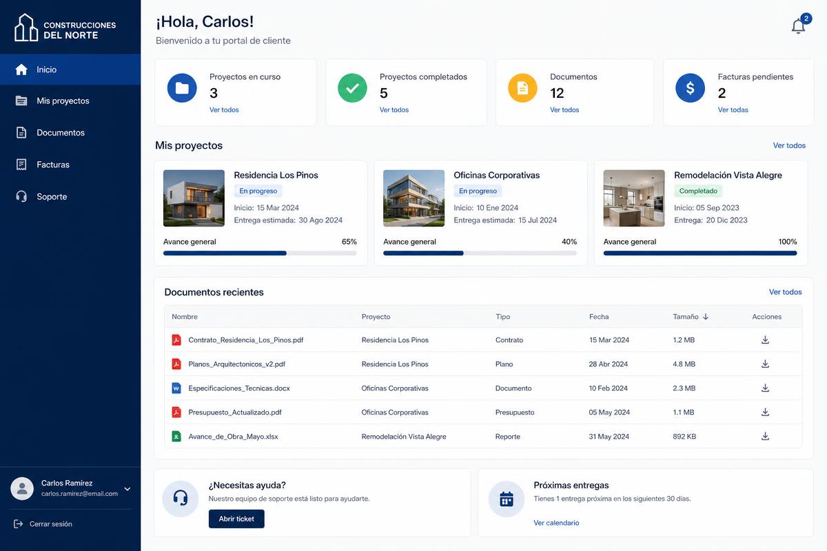 Portal de cliente con proyectos en curso, barras de avance y documentos descargables