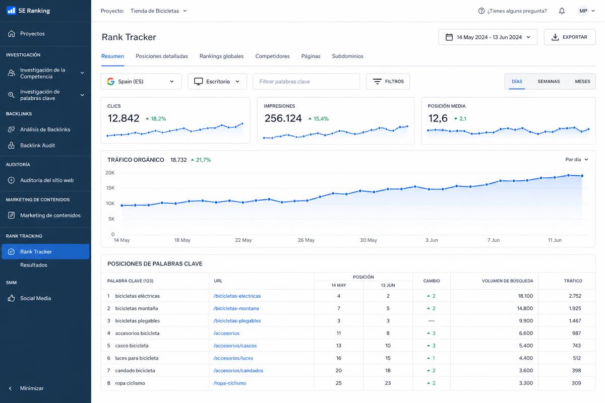 Herramienta de SEO con posiciones de palabras clave y evolución del tráfico orgánico